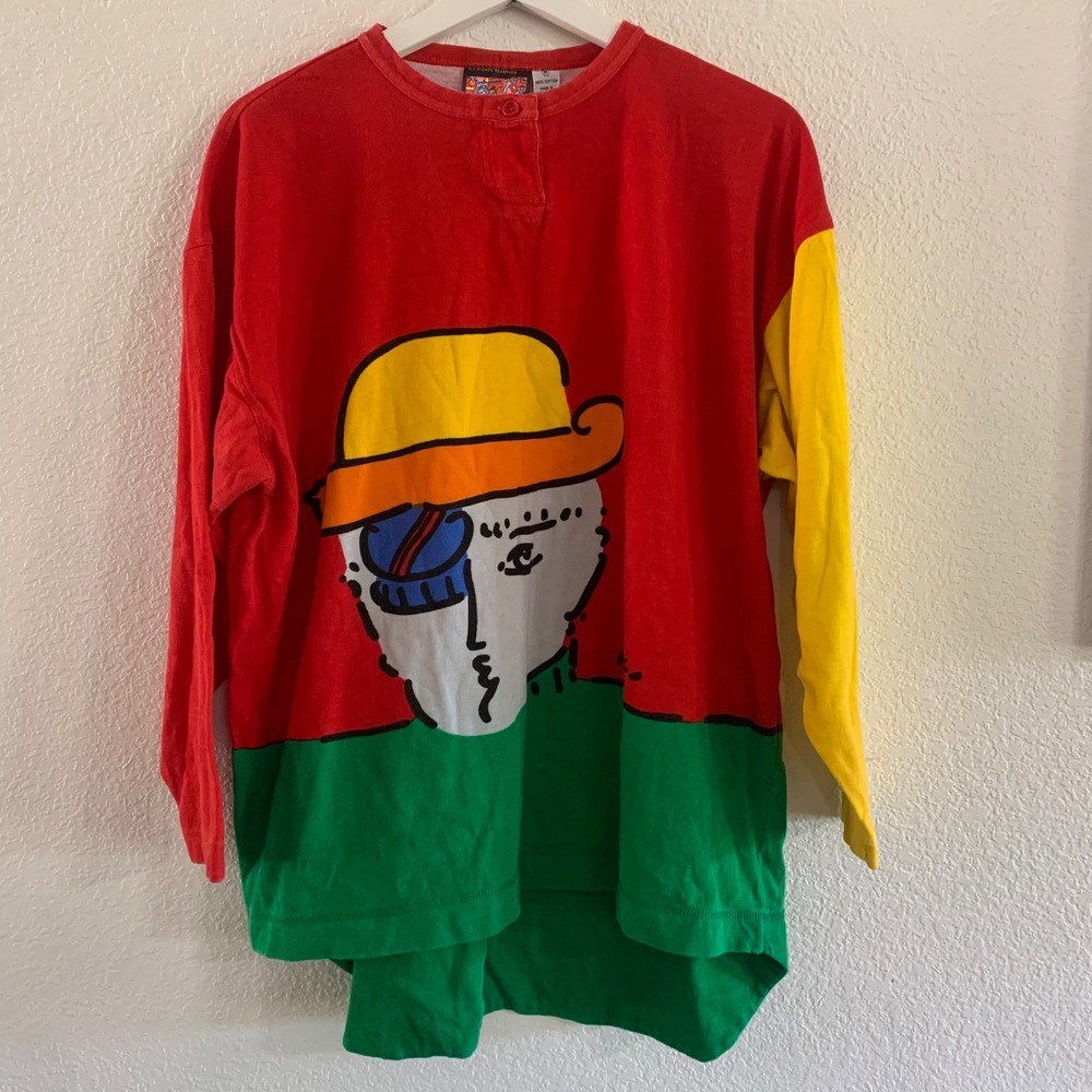 Vintage NeoMax Peter Max Pop Art Graphic Henley Shirt Red Green Yellow Medium